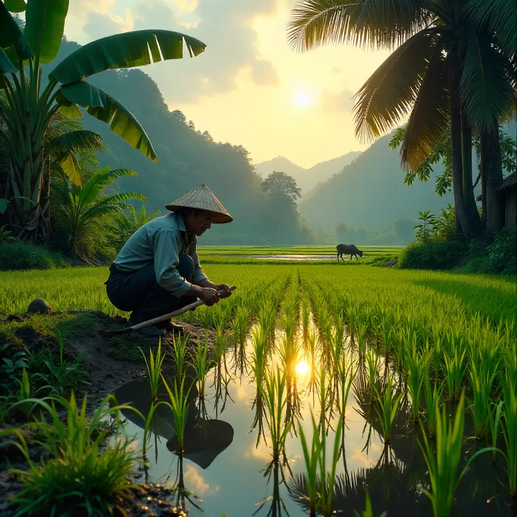 Farmer Tending a Rice Field Amid Dense Greenery