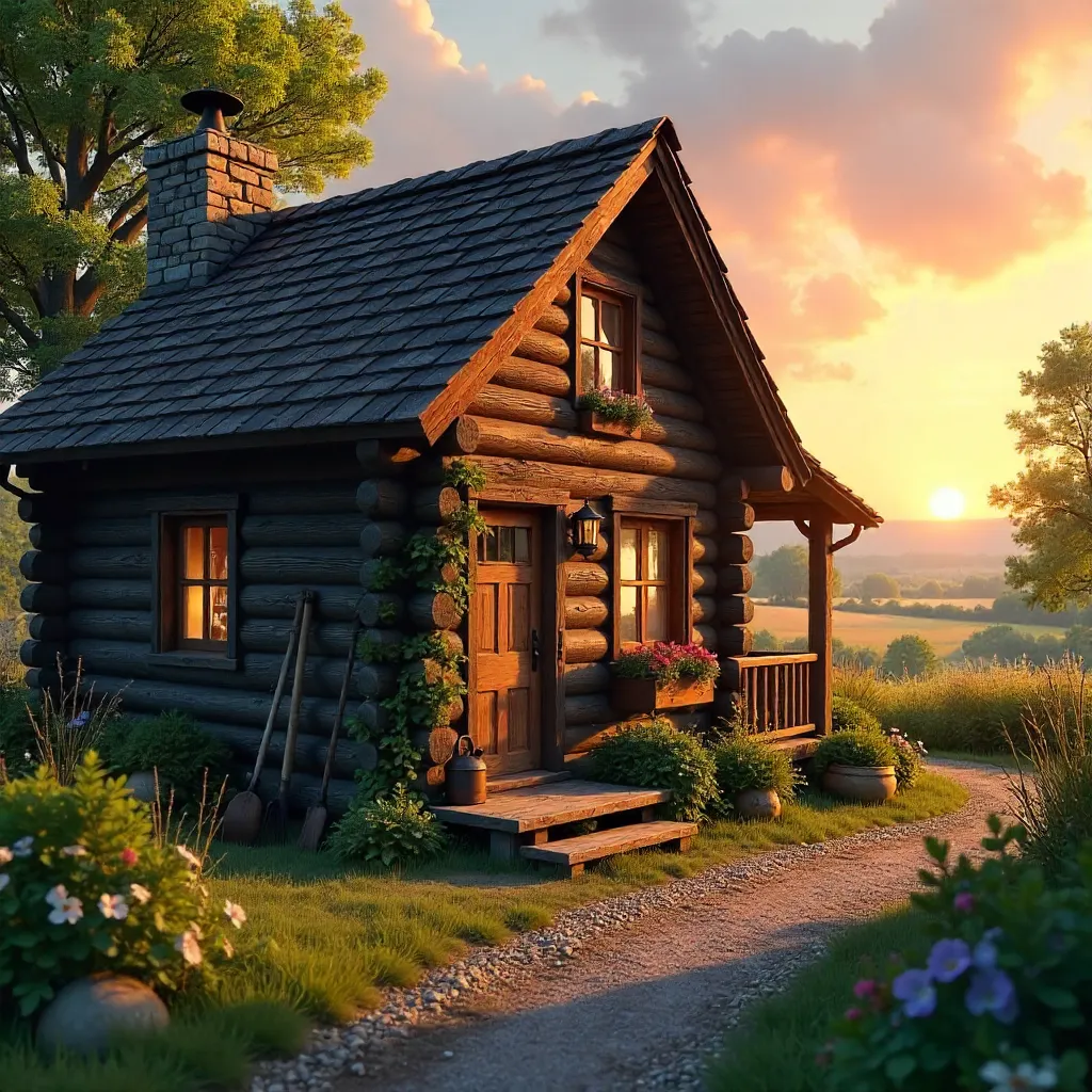 Sunset Serenity: Charming Log Cabin Exterior