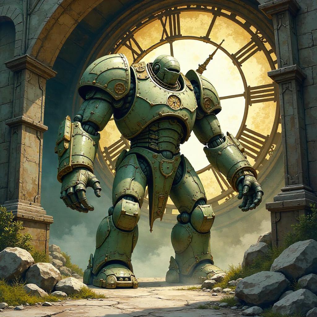 Golem in a Giant Clock - Watercolor Dreamscape