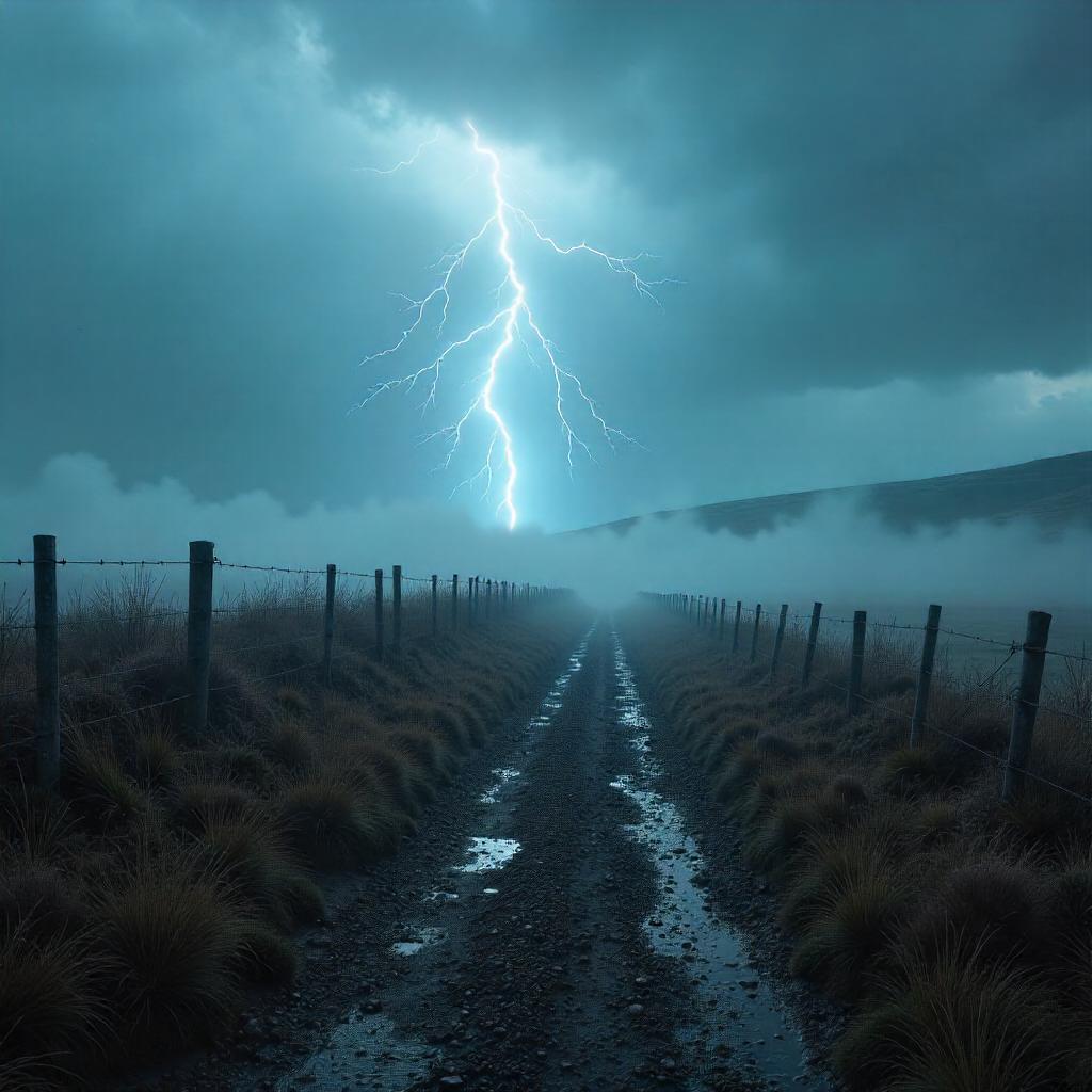Lightning over a foggy Moorland