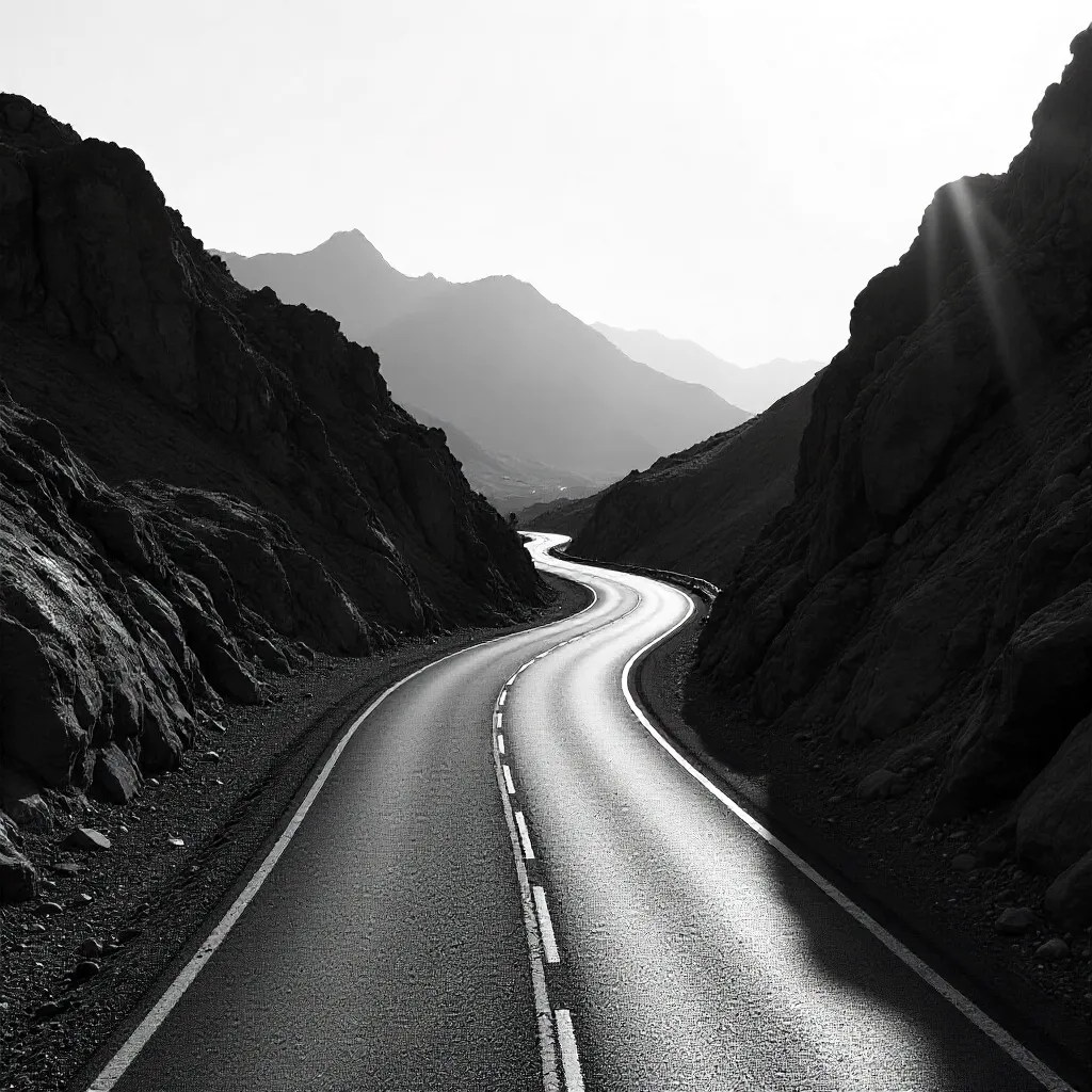 Winding Road Through Serene Rocky Terrain (Monochrome)