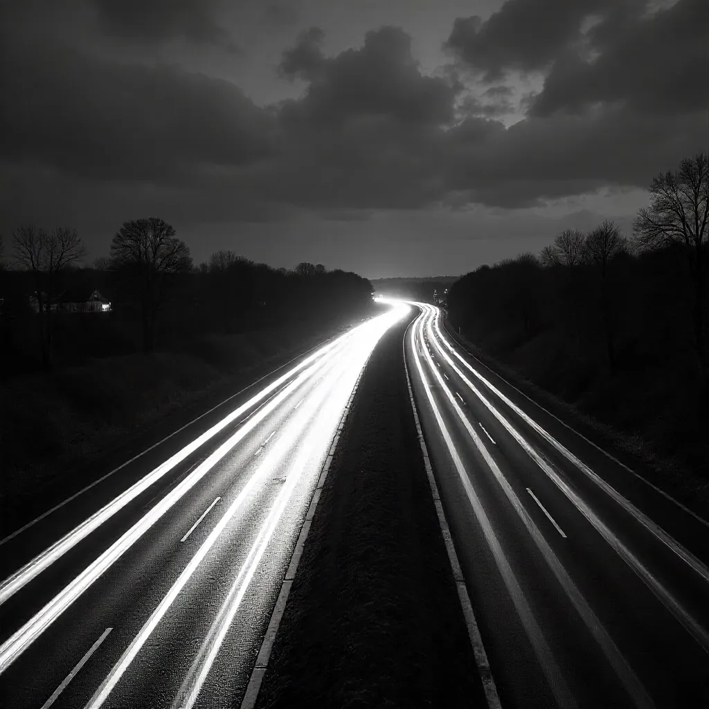 Monochrome Long-Exposure Highway Lights in Huskvarna