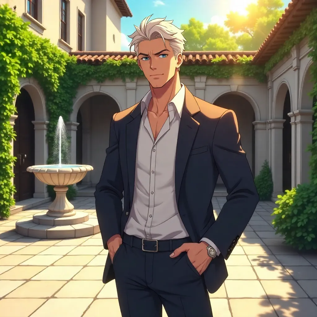 Confident White Man in an Anime Courtyard