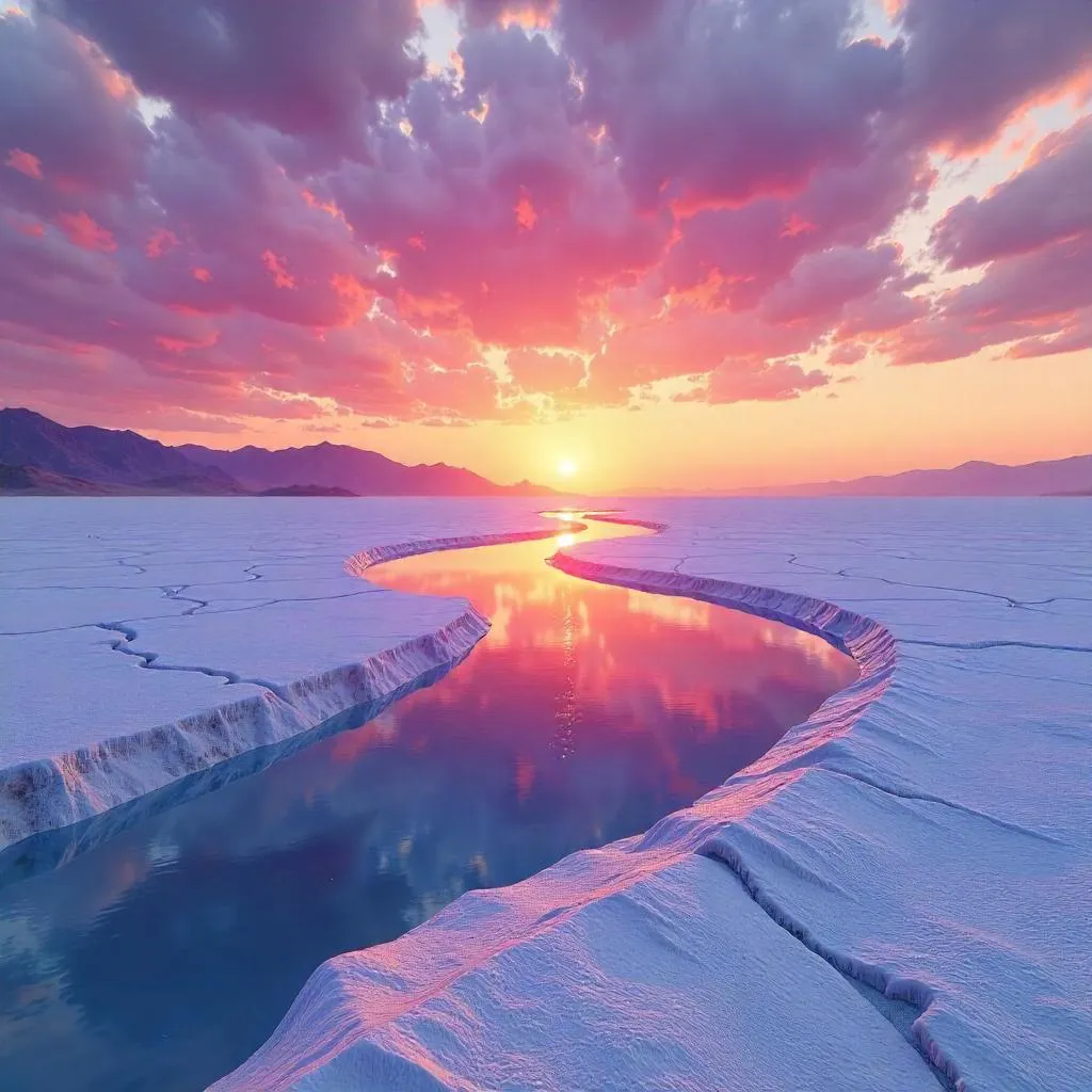 Crimson Horizon over Salt Flats at Sunset