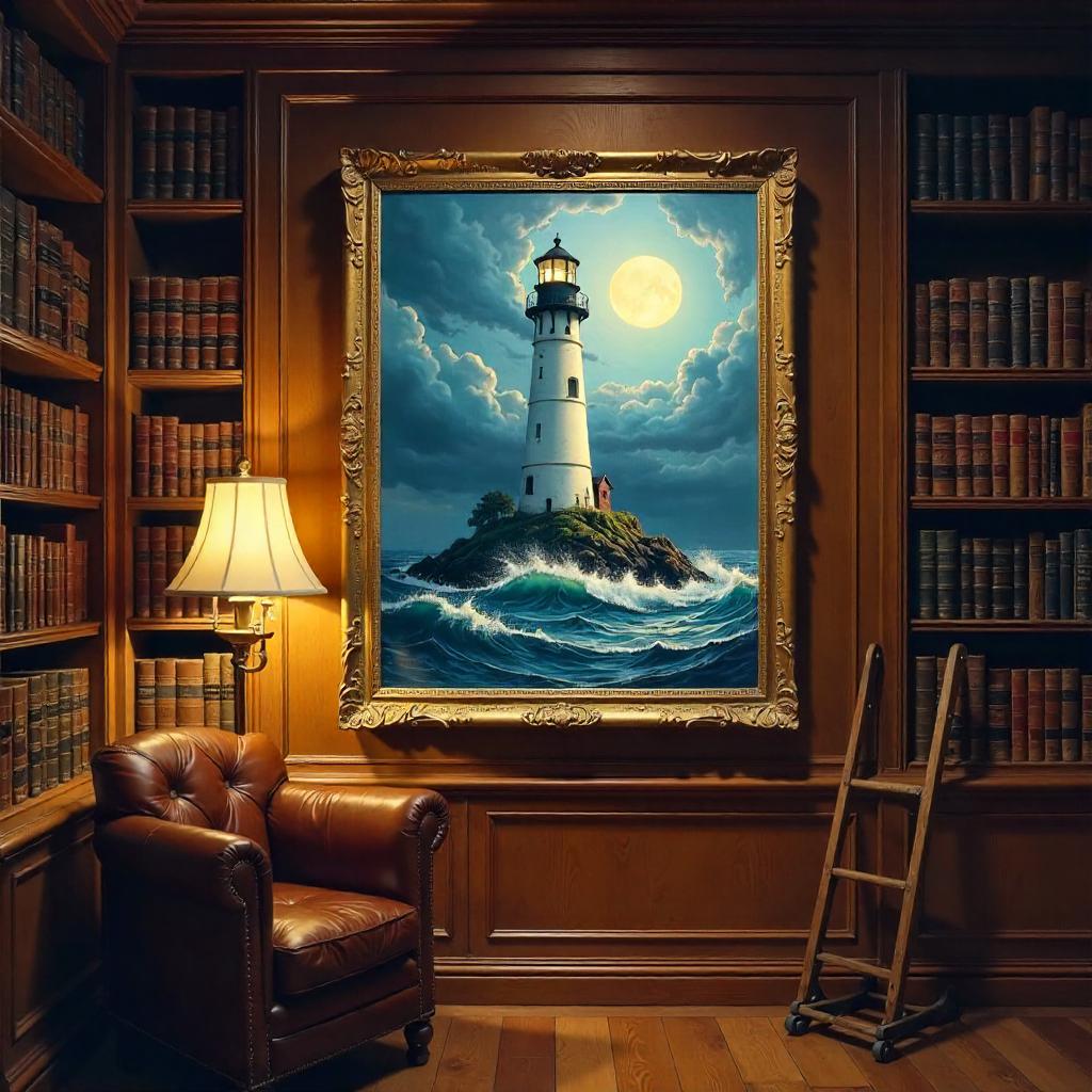 Lighthouse Oil Painting in a Library
