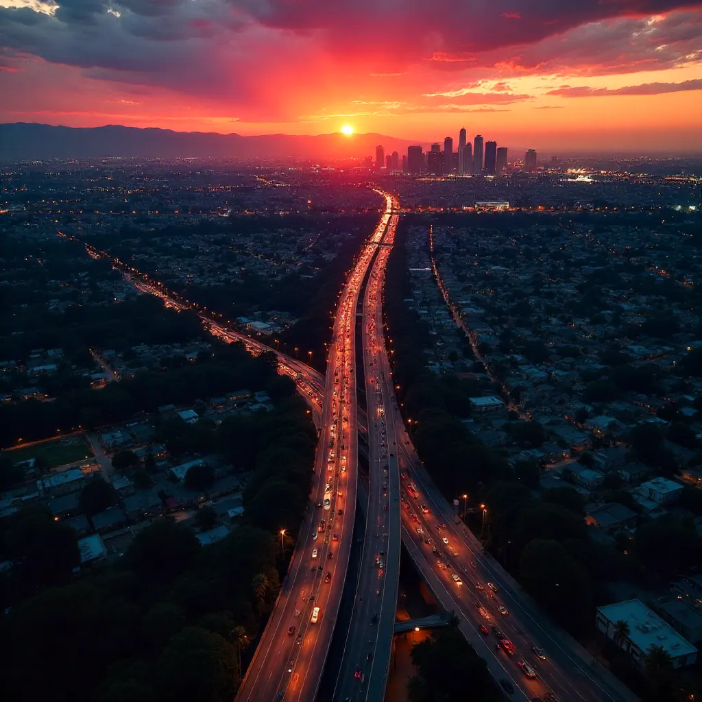 Dramatic Aerial Sunset over LA Freeways and Skyline