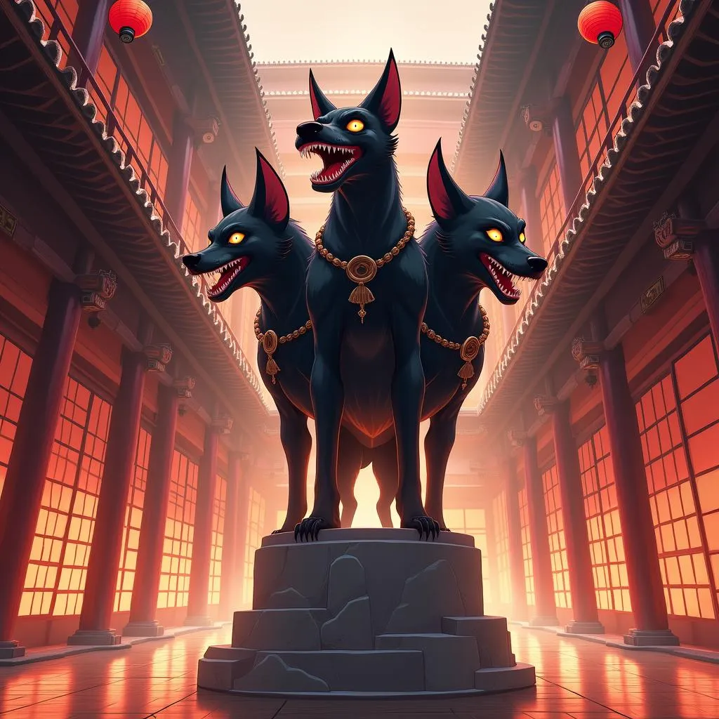 Three-Headed Cerberus in an Anime Pagoda