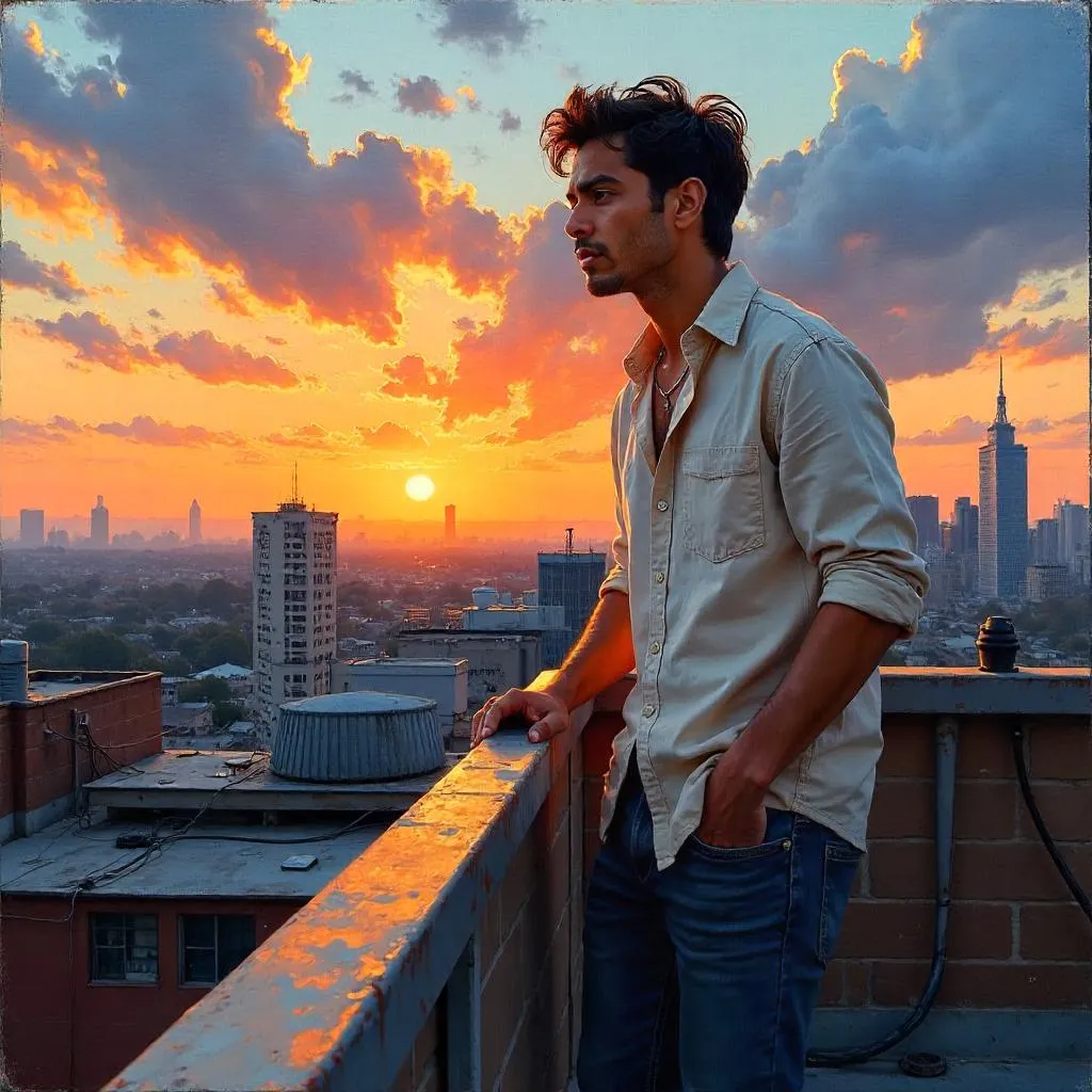 Rooftop Reverie: A Young Latino Man in Oil
