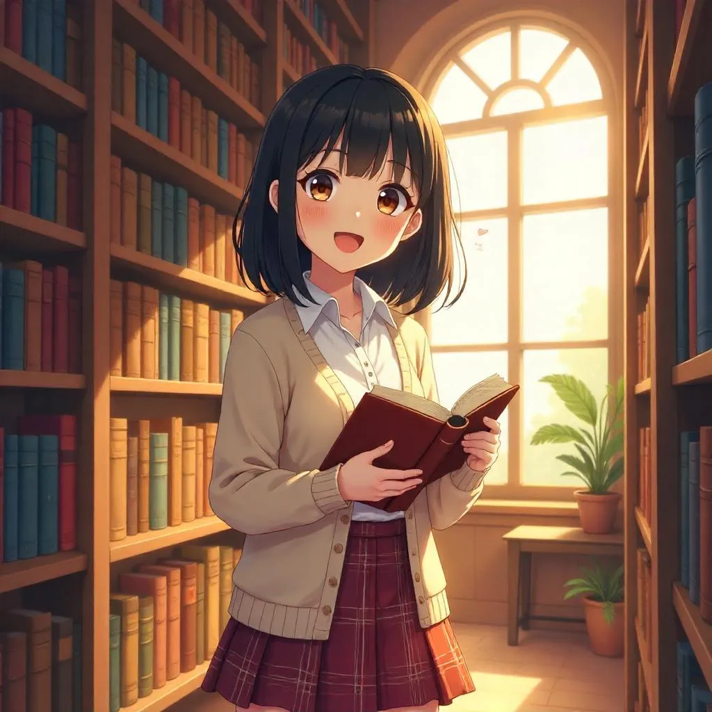 Cheerful Asian Girl in a Cozy Library - Anime