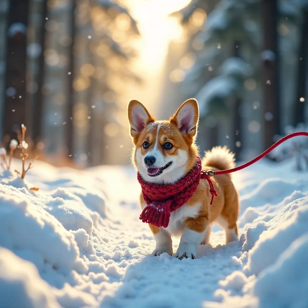 Adorable Corgi Exploring a Snowy Forest Path