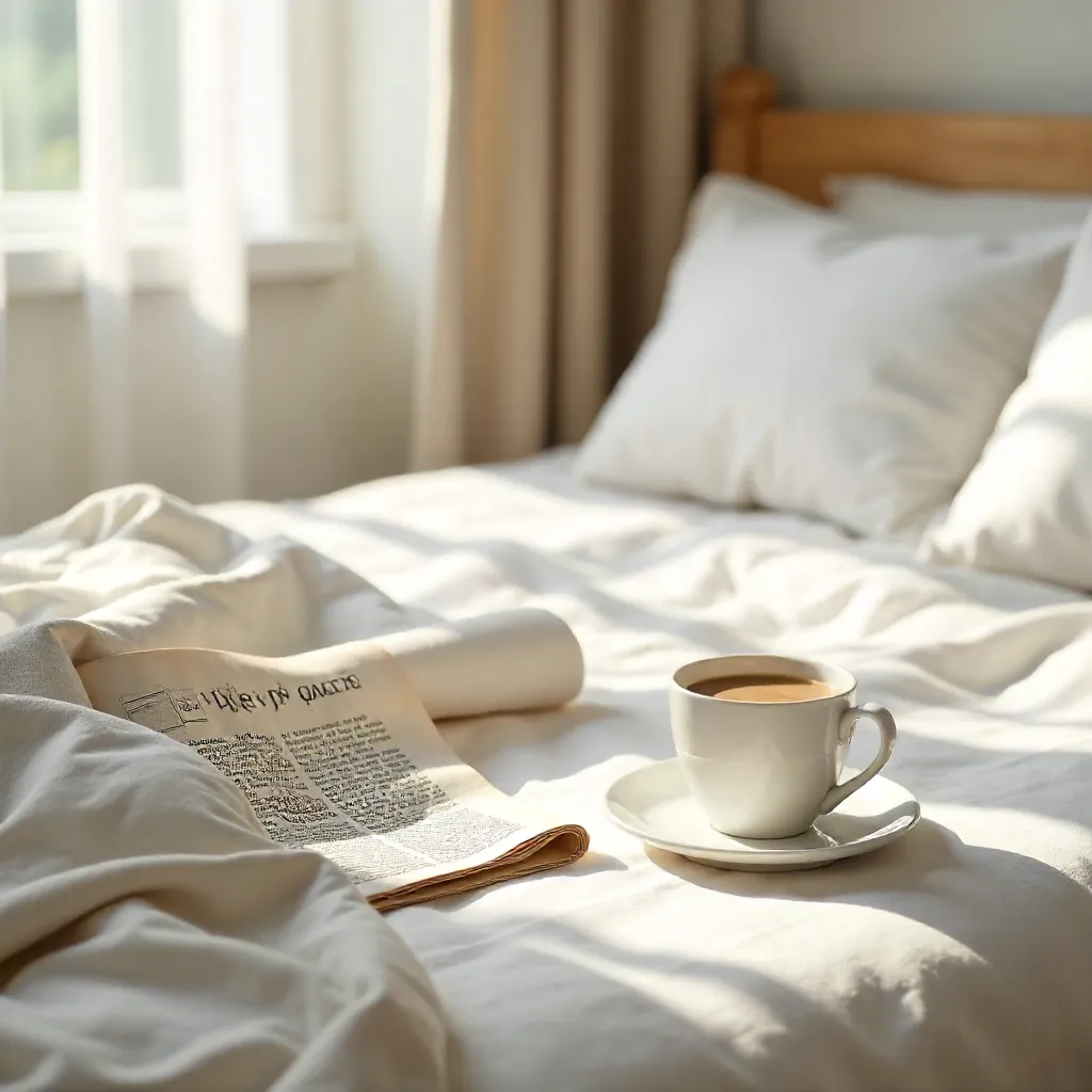 Minimalist Morning: Coffee and Newspaper on Bed