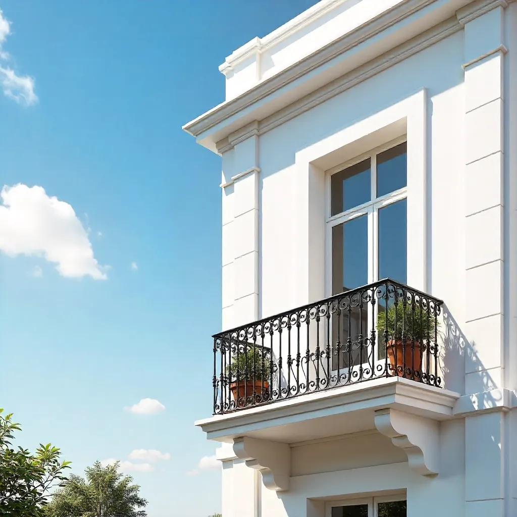 Elegant white building with a balcony against a vibrant blue sky