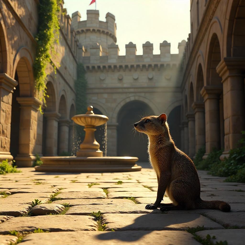 Mongoose in a Sunlit Castle Courtyard