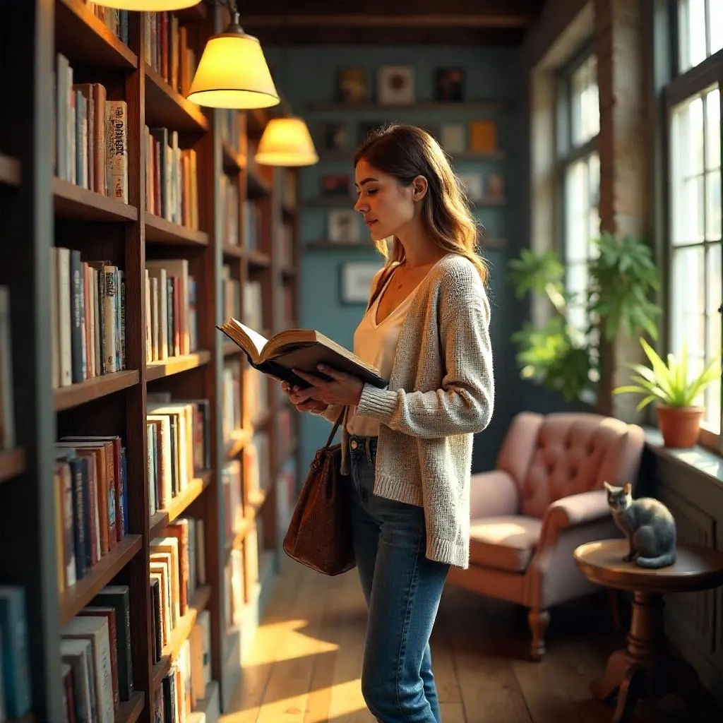 Photorealistic Young Woman in a Cozy Bookstore