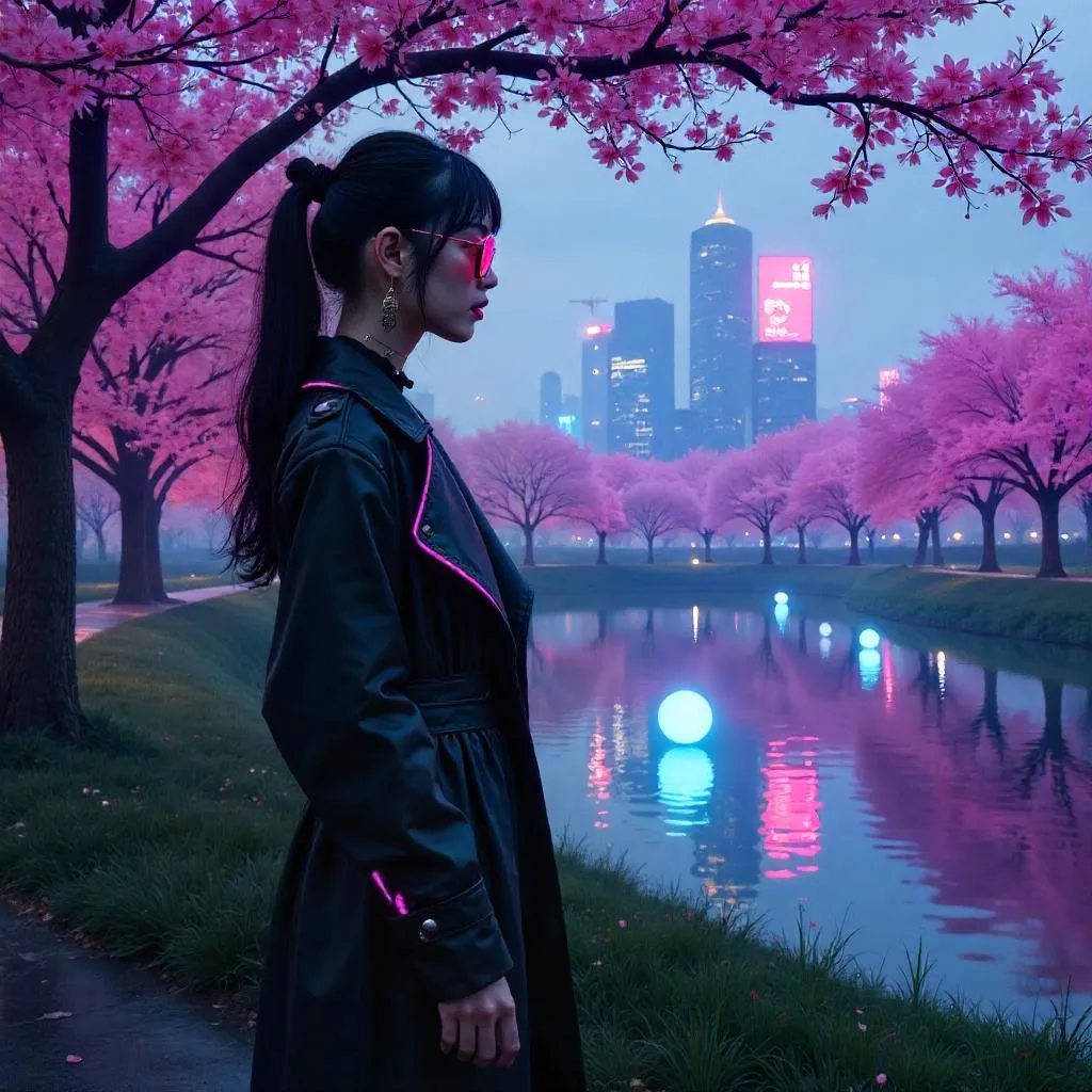 Neon Park Elegance: Cyberpunk Asian Girl