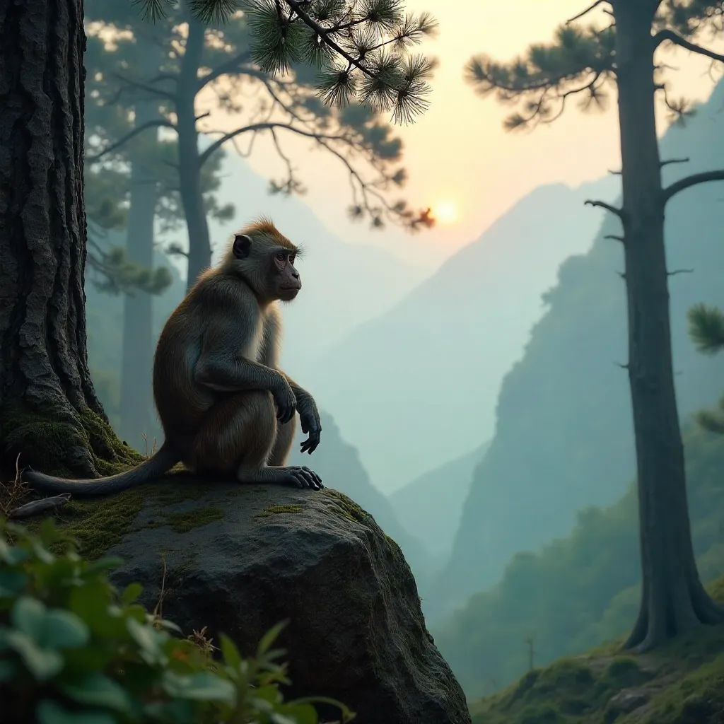 Mist-Shrouded Barbary Macaque in Atlas Forest