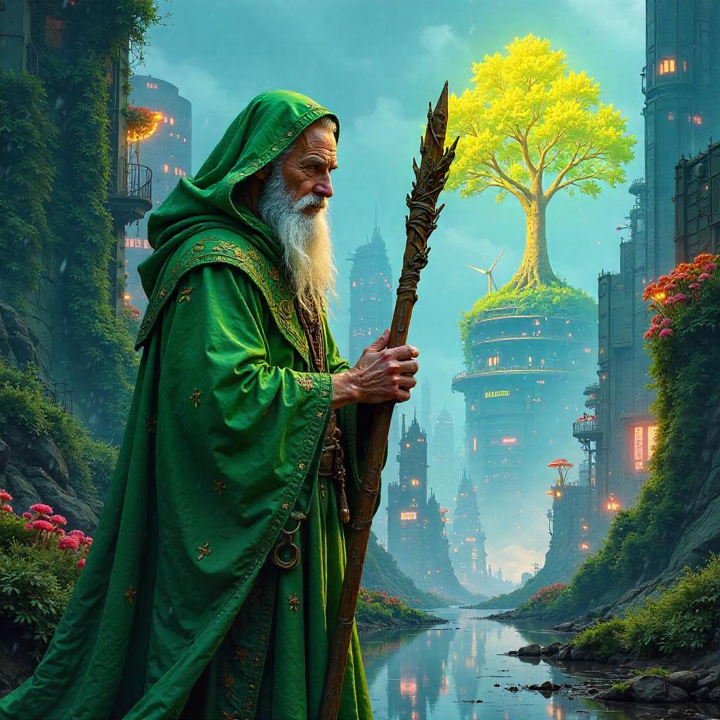 Druid in Neon Rain: Watercolor in a Futuristic City
