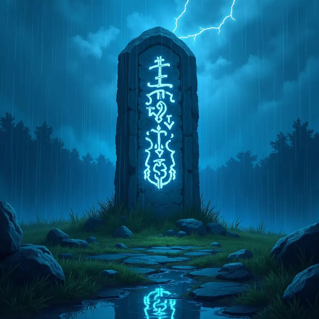 Runic Stone in the Rain: Anime Style