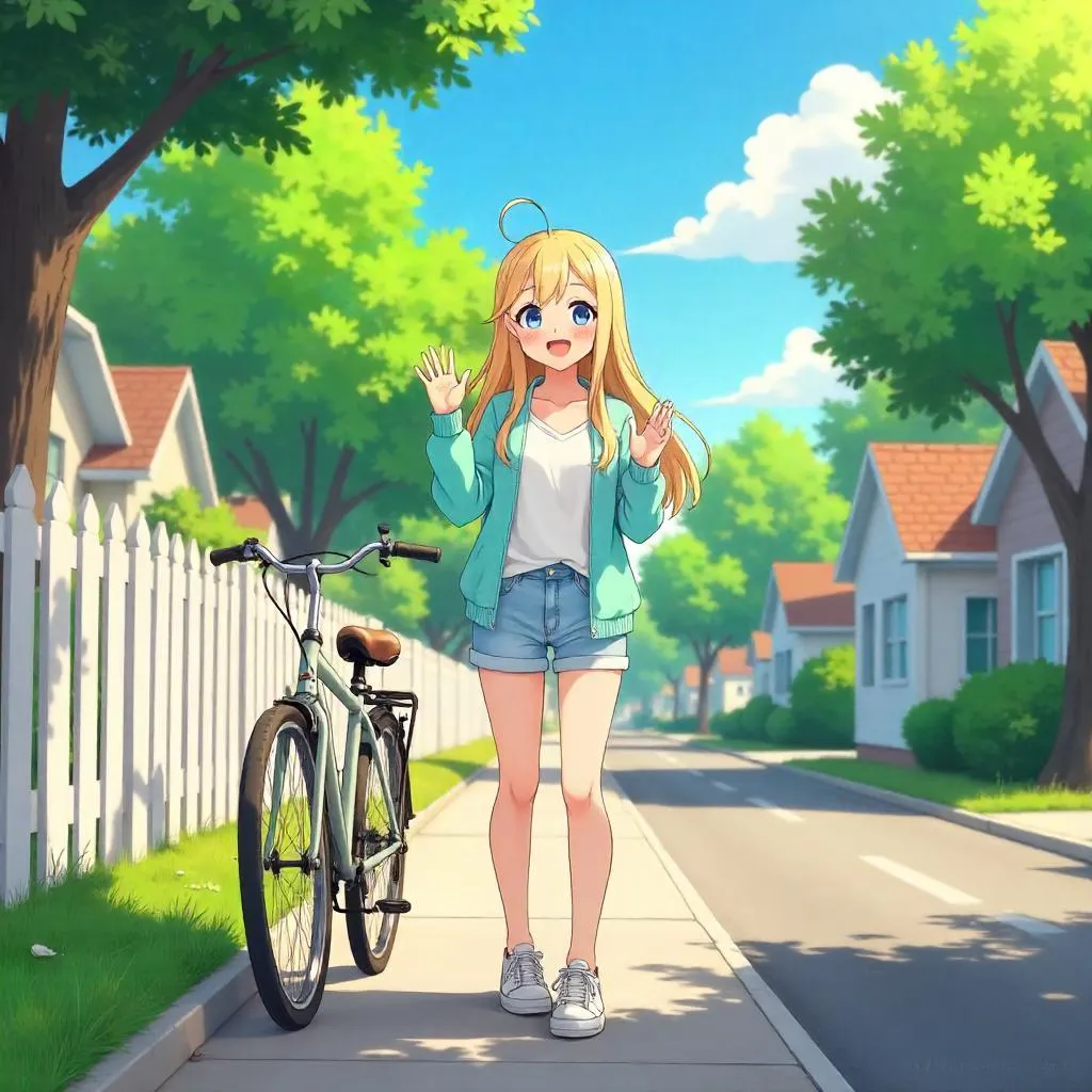 Cheerful Anime Girl in Sunny Suburban Neighborhood
