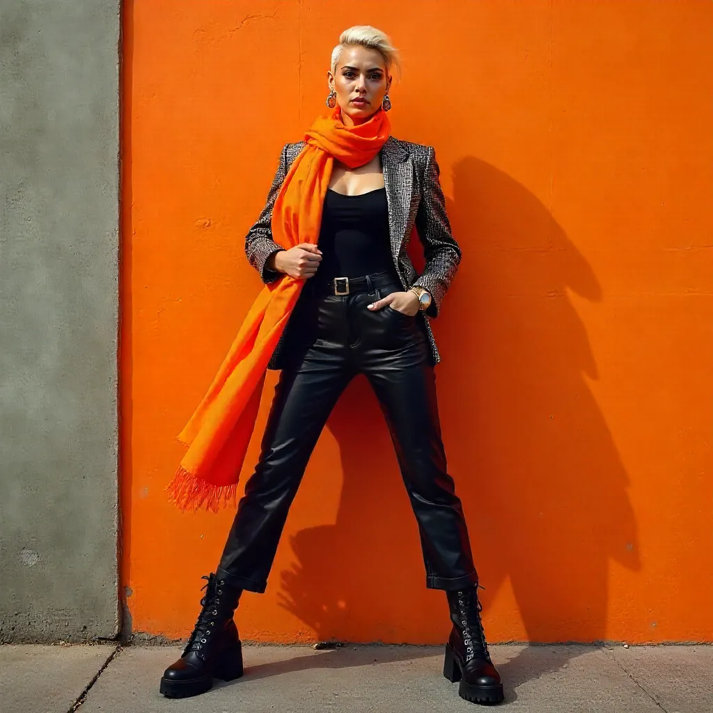 Vivid Orange Wall Fashion Pose