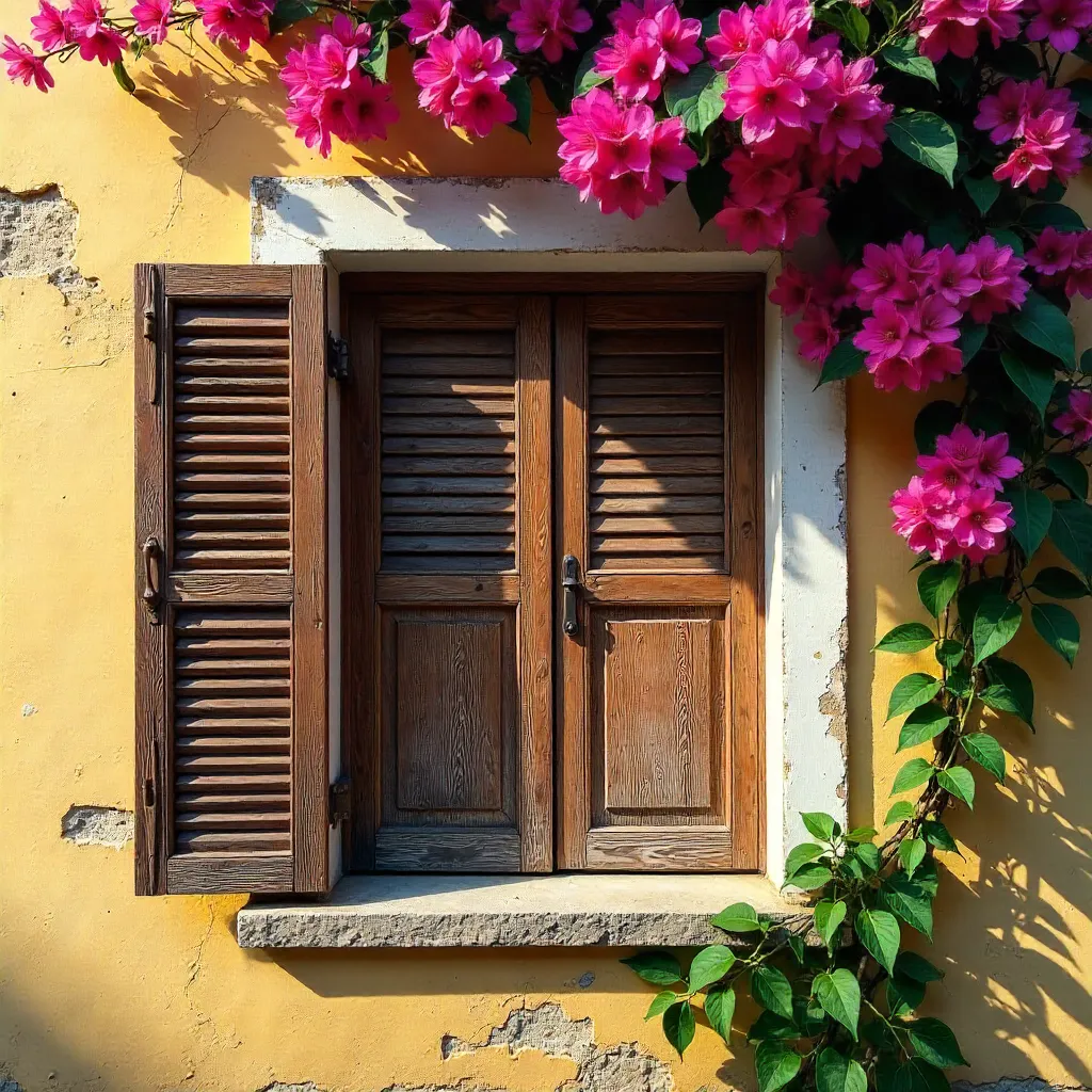 Bougainvillea-Entwined Wooden Window in İzmir