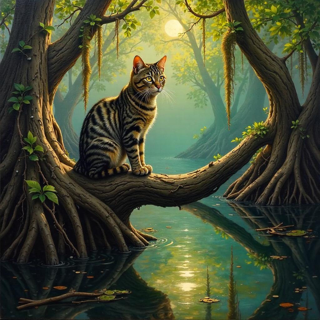 Cat in a Mangrove Swamp - Oil Painting Scene