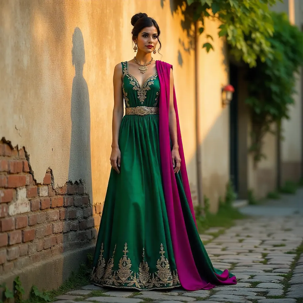 Elegant Woman in Vibrant Attire by Rustic Wall