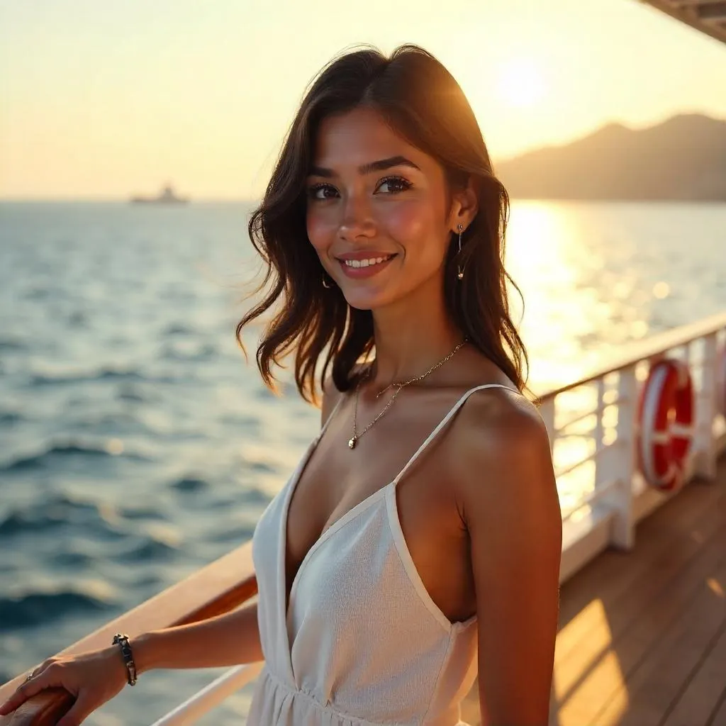 Golden Hour 3D Render: Middle Eastern Woman on a Cruise Deck