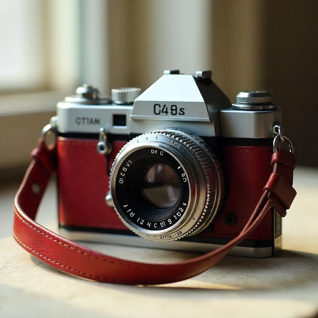 Close-Up Vintage Camera with Crimson Strap on Neutral Surface