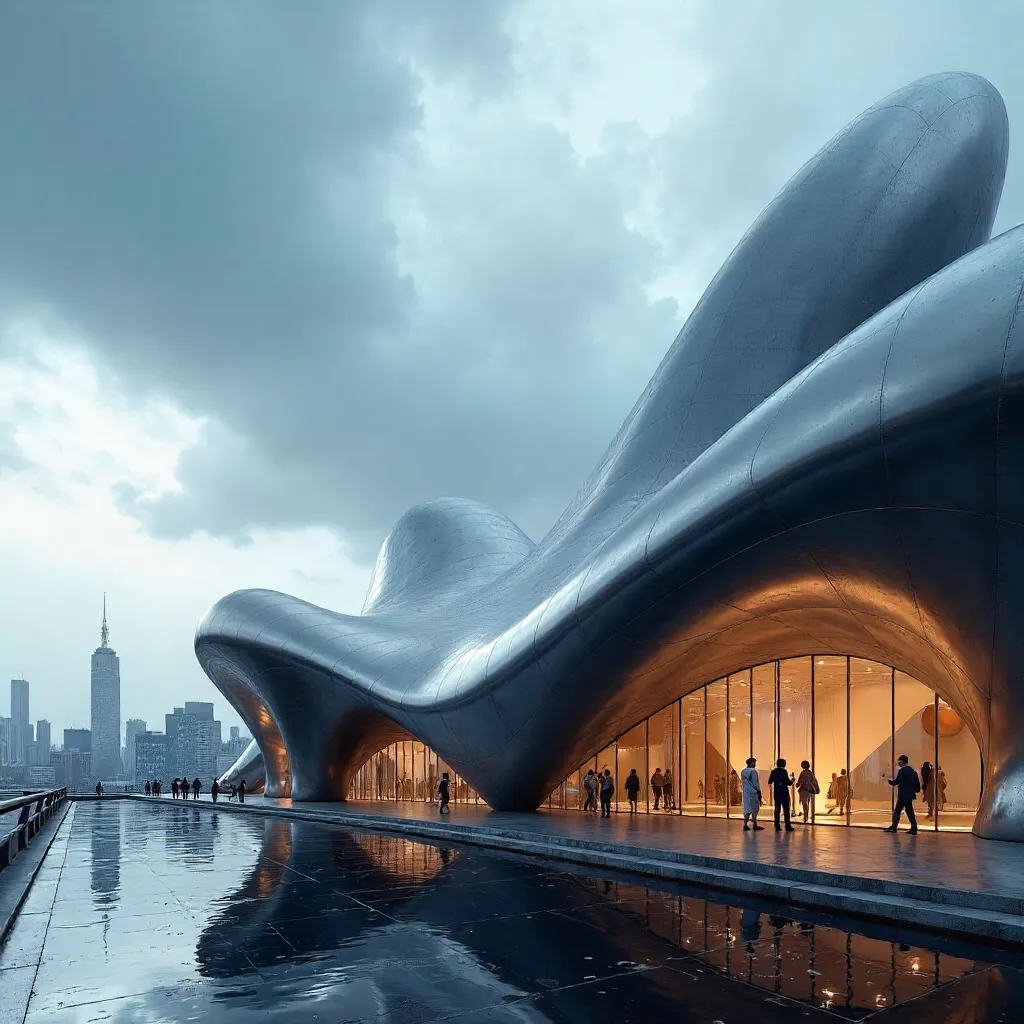 Gleaming Curved Metal Architecture under Clouds