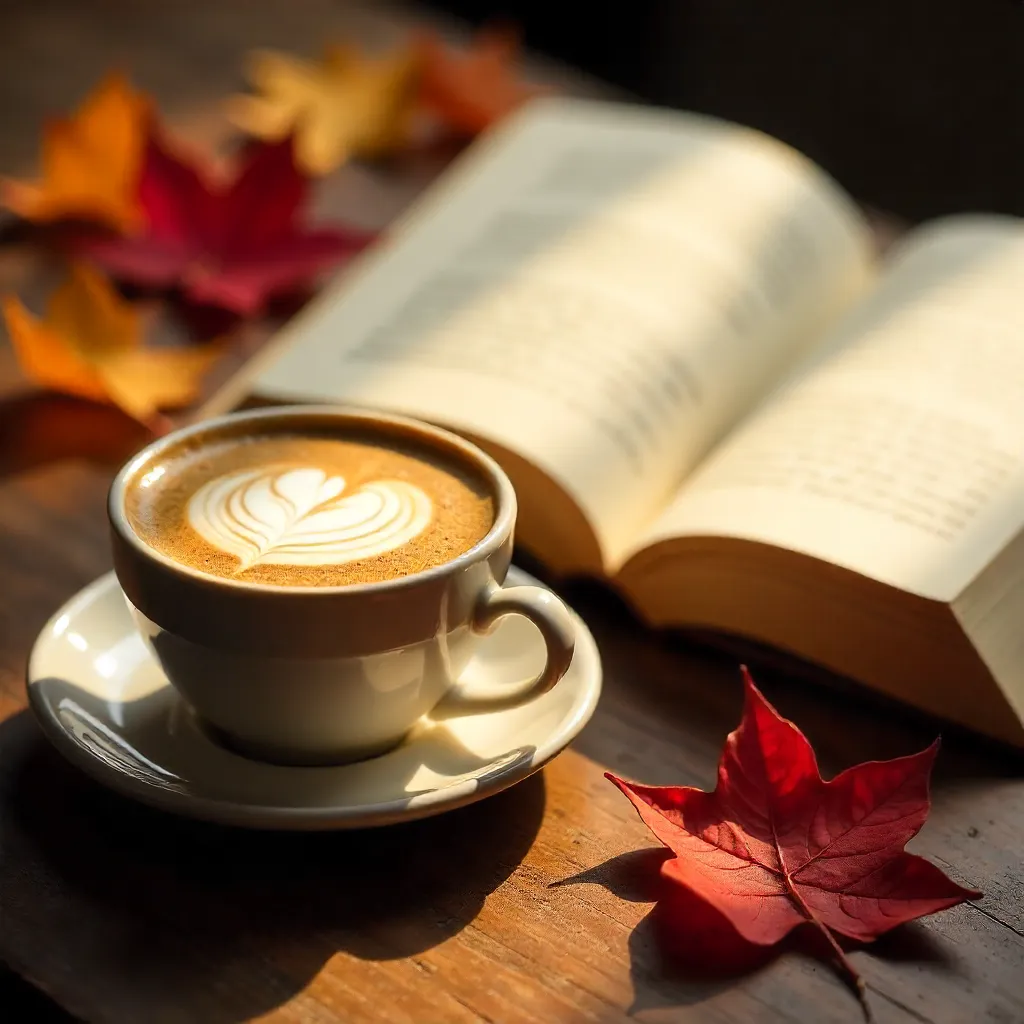 Cozy latte art beside an open book and autumn leaves