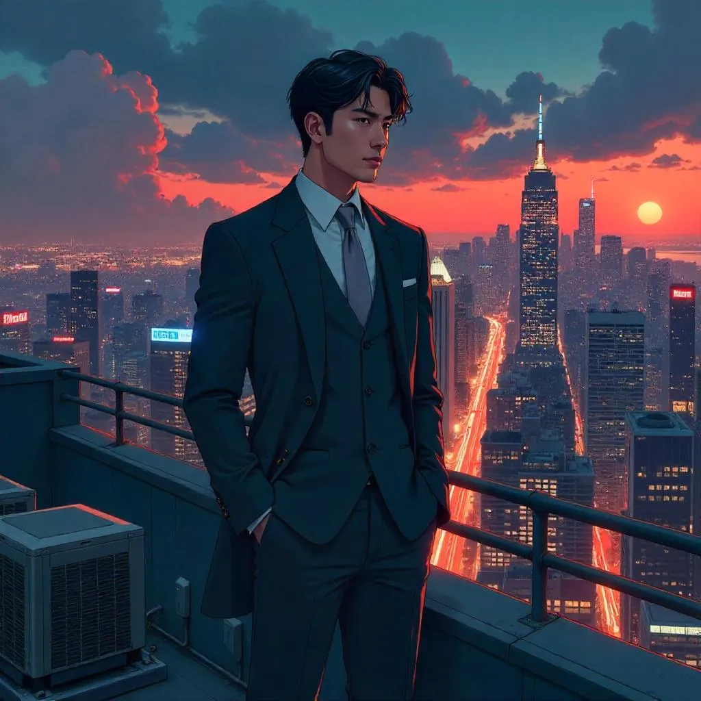 Rooftop Ambition: Anime-Style Professional on a Rooftop