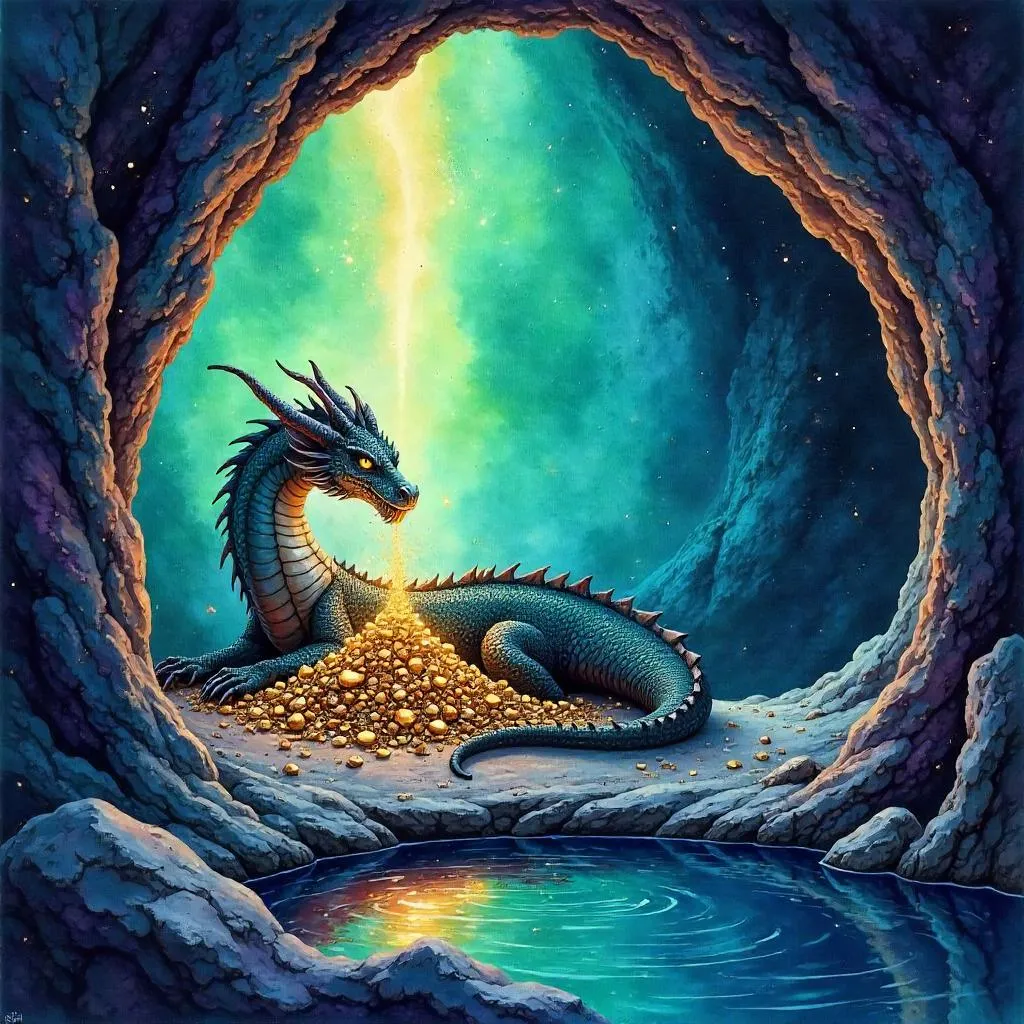Aurora over a Dragon's Lair in Watercolor