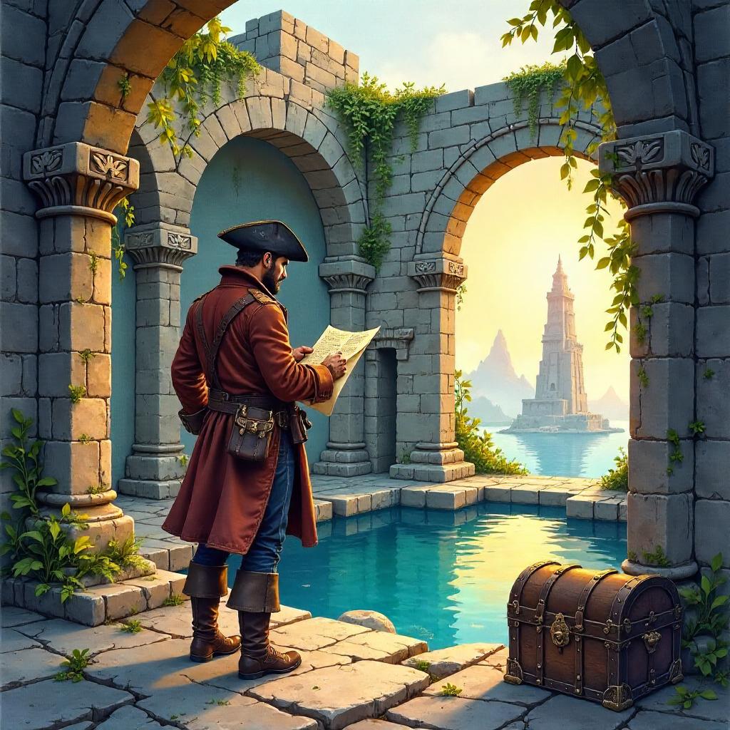 Watercolor Pirate Amid Ancient Temple Ruins