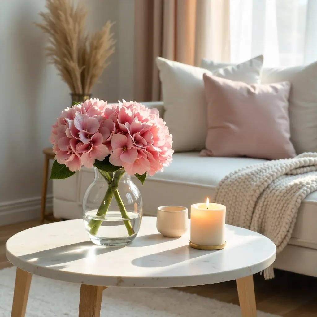 Cozy Modern Interior with Pink Hydrangeas and Candlelight