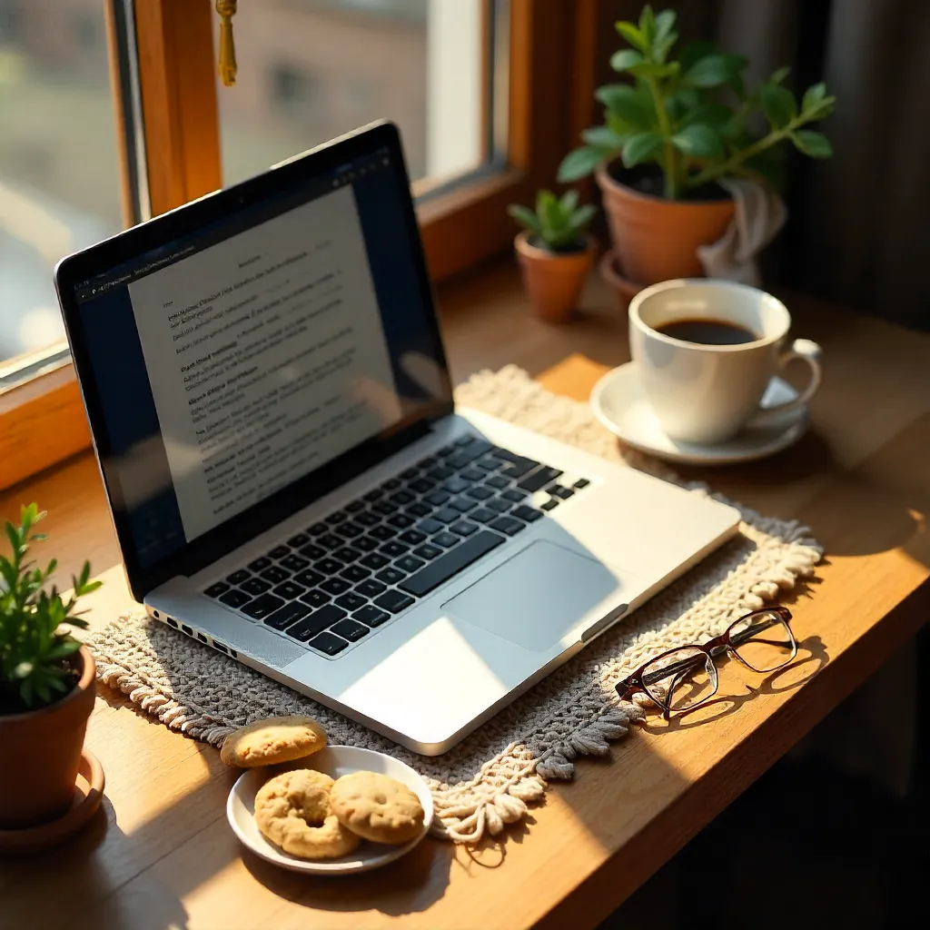 Cozy Desk Scene: Cookies, Laptop, and Glasses