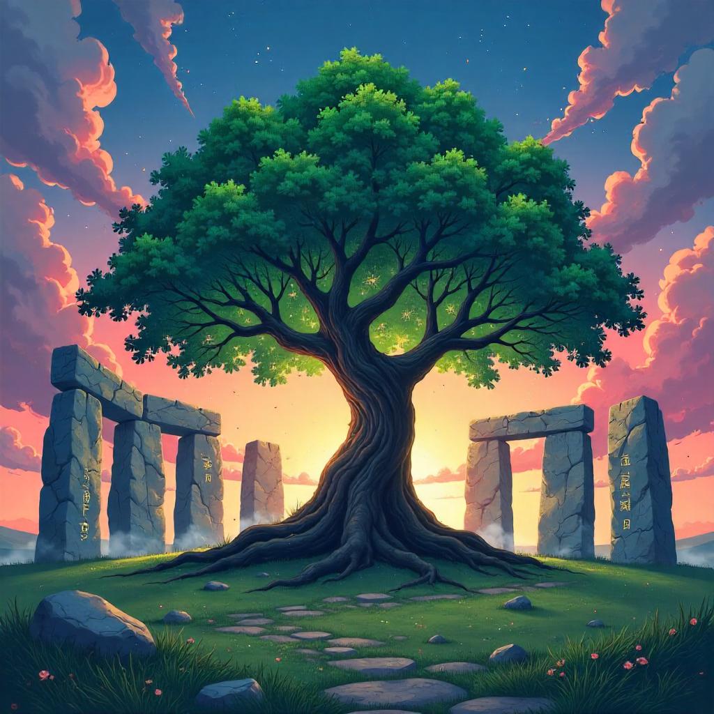 Anime Tree Amid Stonehenge at Twilight