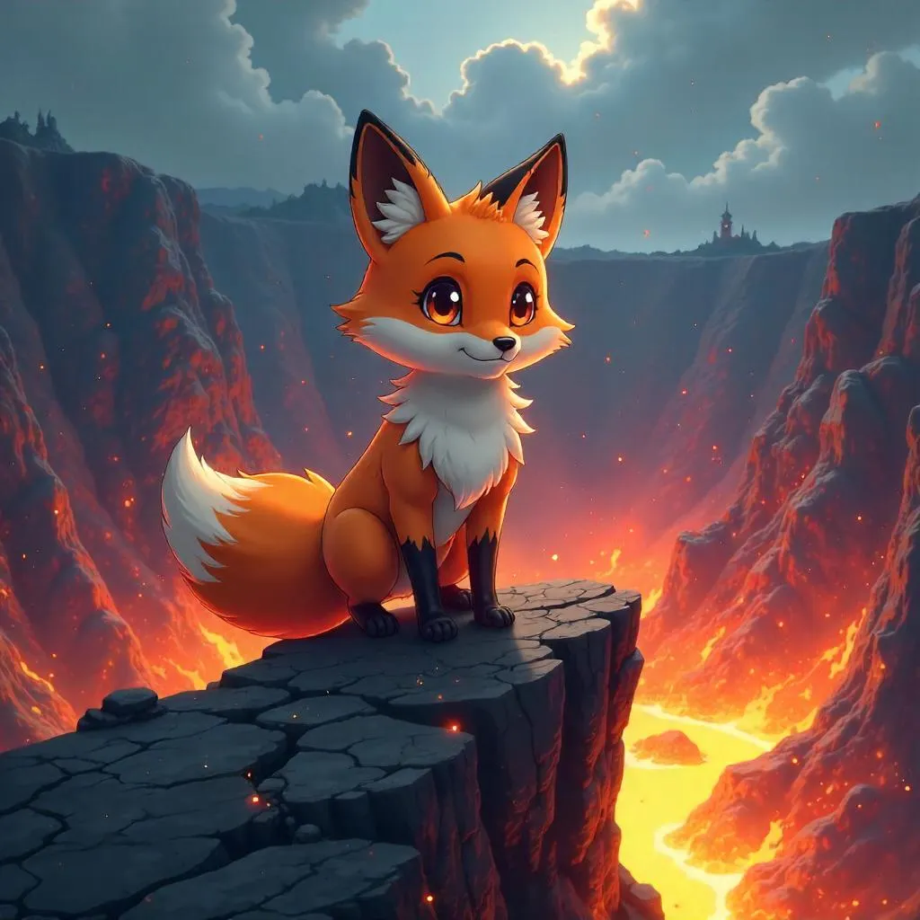 Anime Fox in a Fiery Volcanic Crater