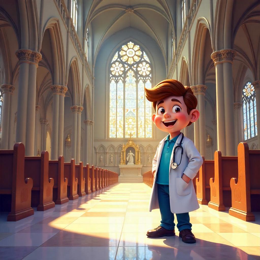 Whimsical Cartoon Doctor in a Grand Cathedral