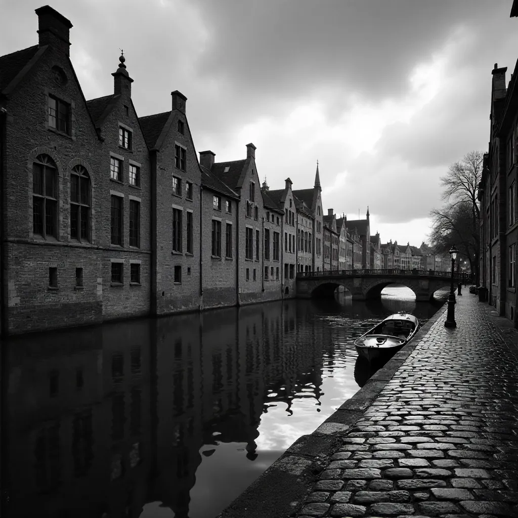 Moody Black-and-White Ghent Canal Panorama