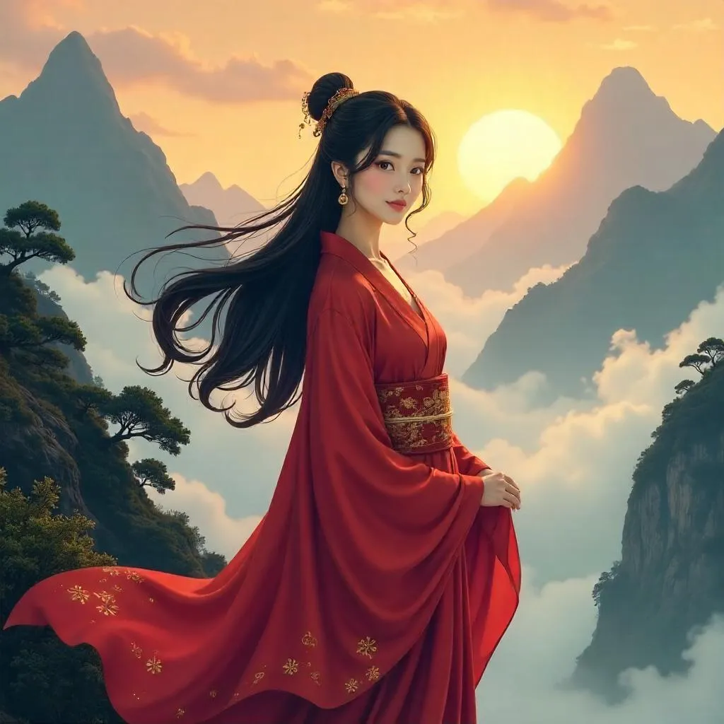 Elegant Asian Woman in Misty Mountain Sunrise