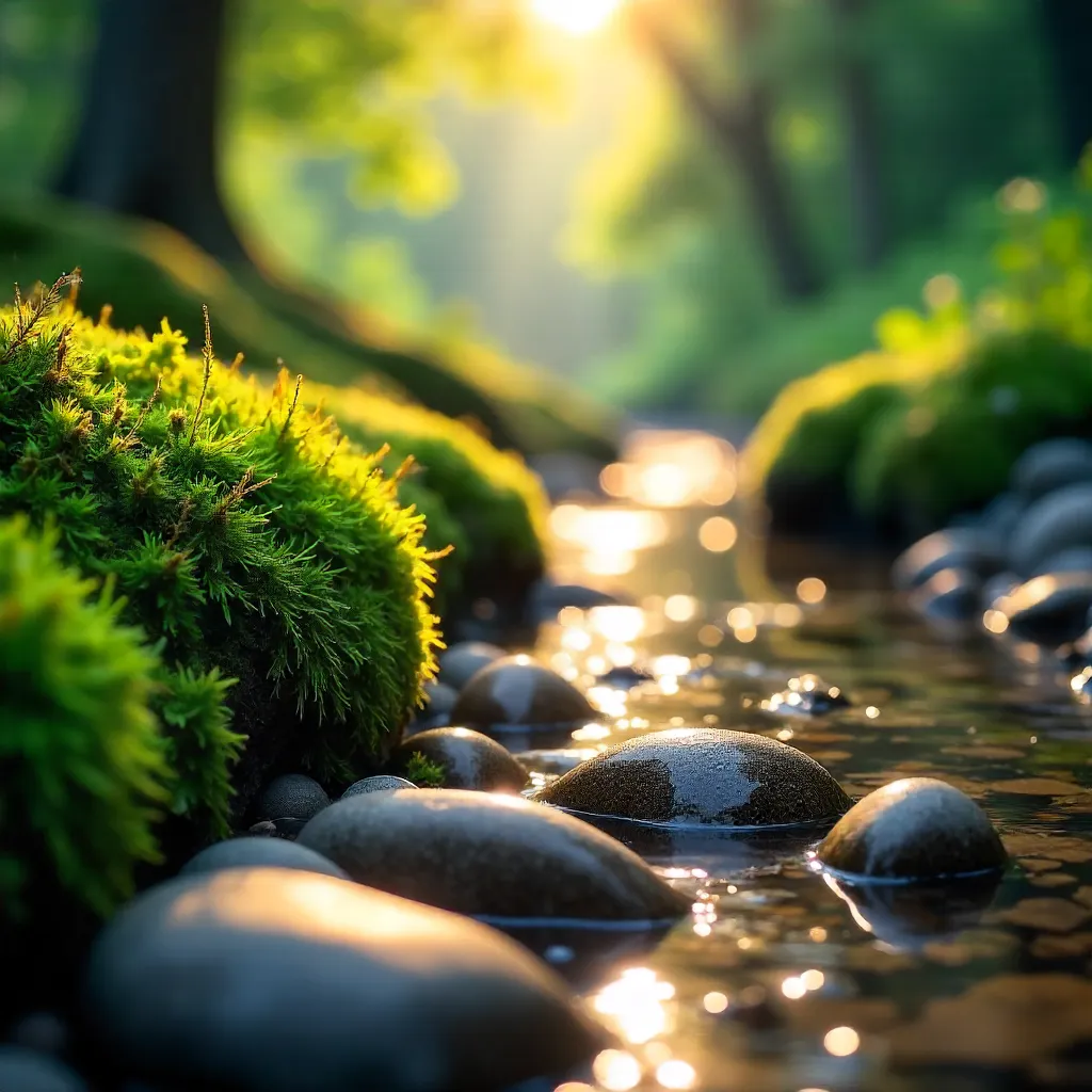 Sunlit Mossy Rocks and Pebbles in Serenity