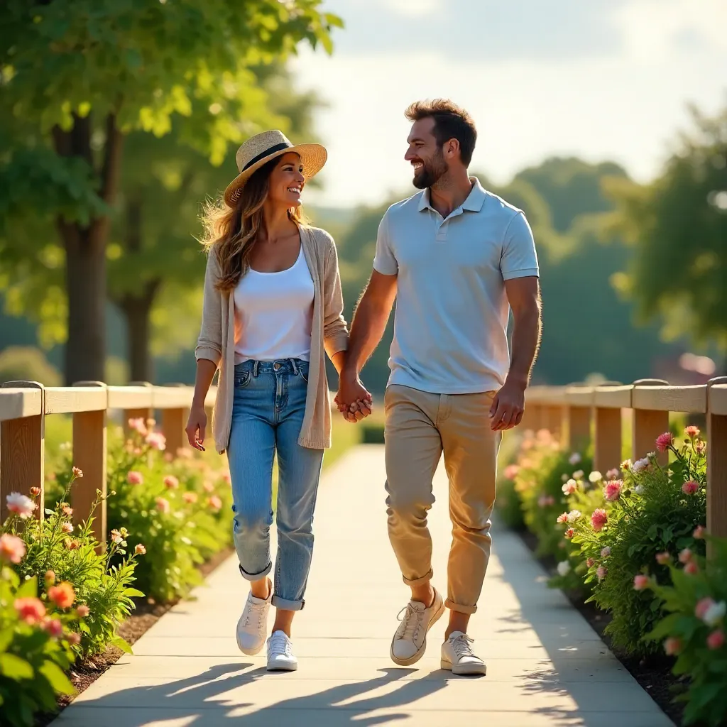 Sunny Day Walk: A Happy Couple on a Lush Outdoor Walkway