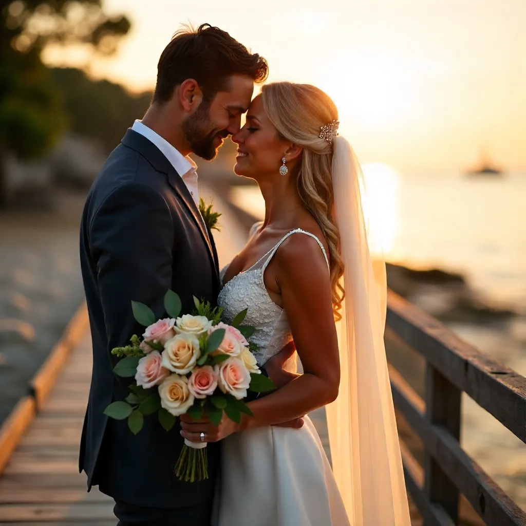 Sunset Pier Embrace with Bouquet
