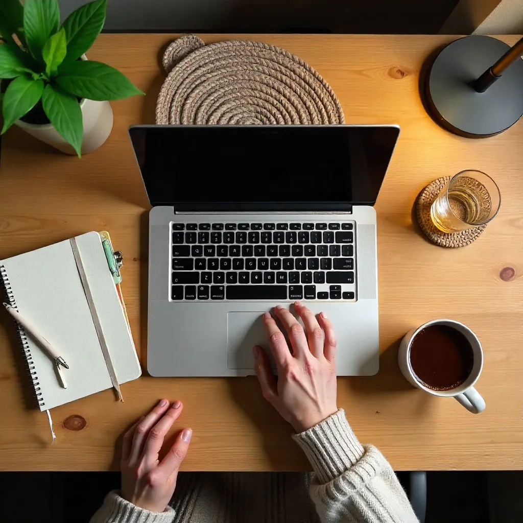 Cozy Overhead Desk Setup with Laptop, Coffee