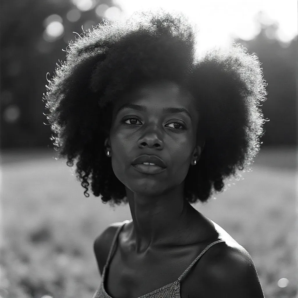 Contemplative Afro Portrait Outdoors in Monochrome