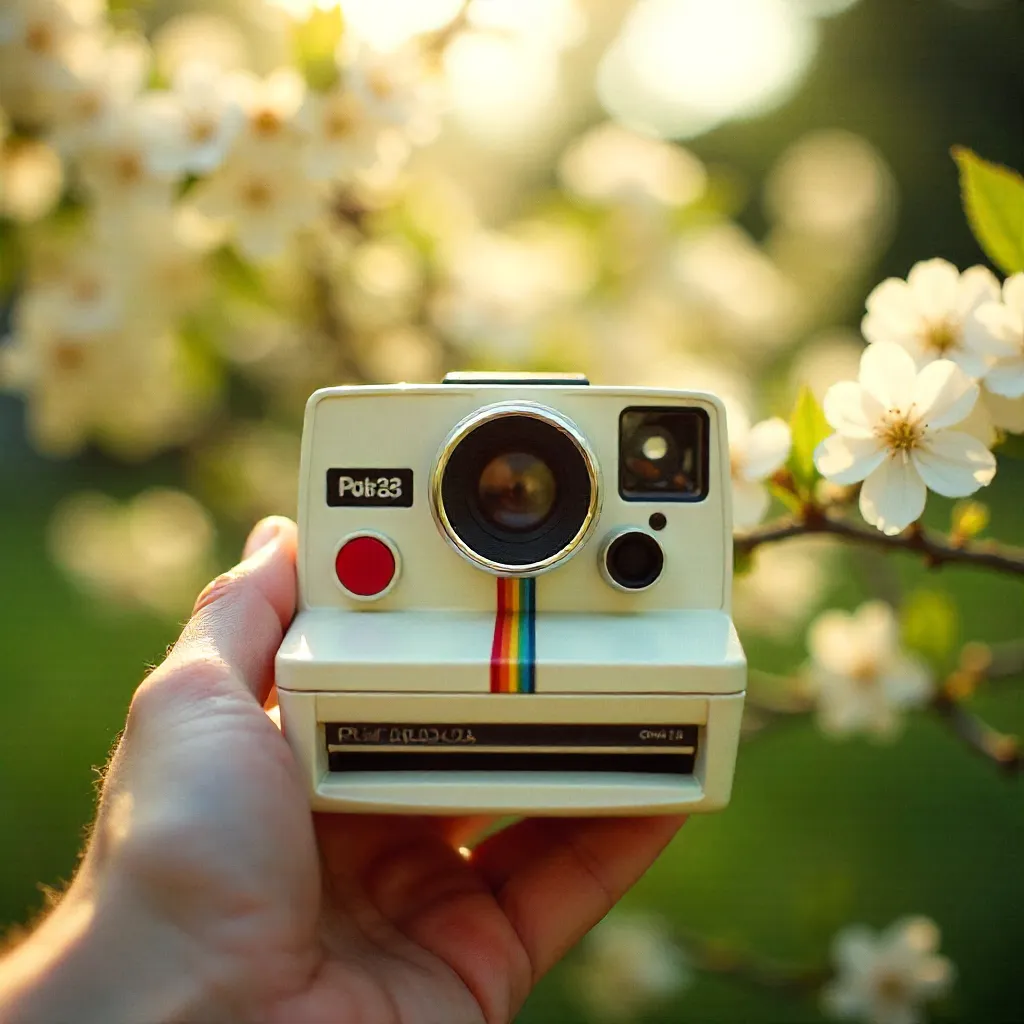 Nostalgic Polaroid Moment with White Blossoms