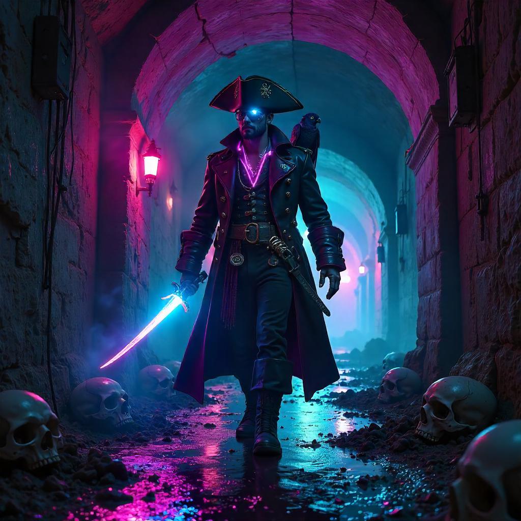 Neon Pirate Captain in the Catacombs