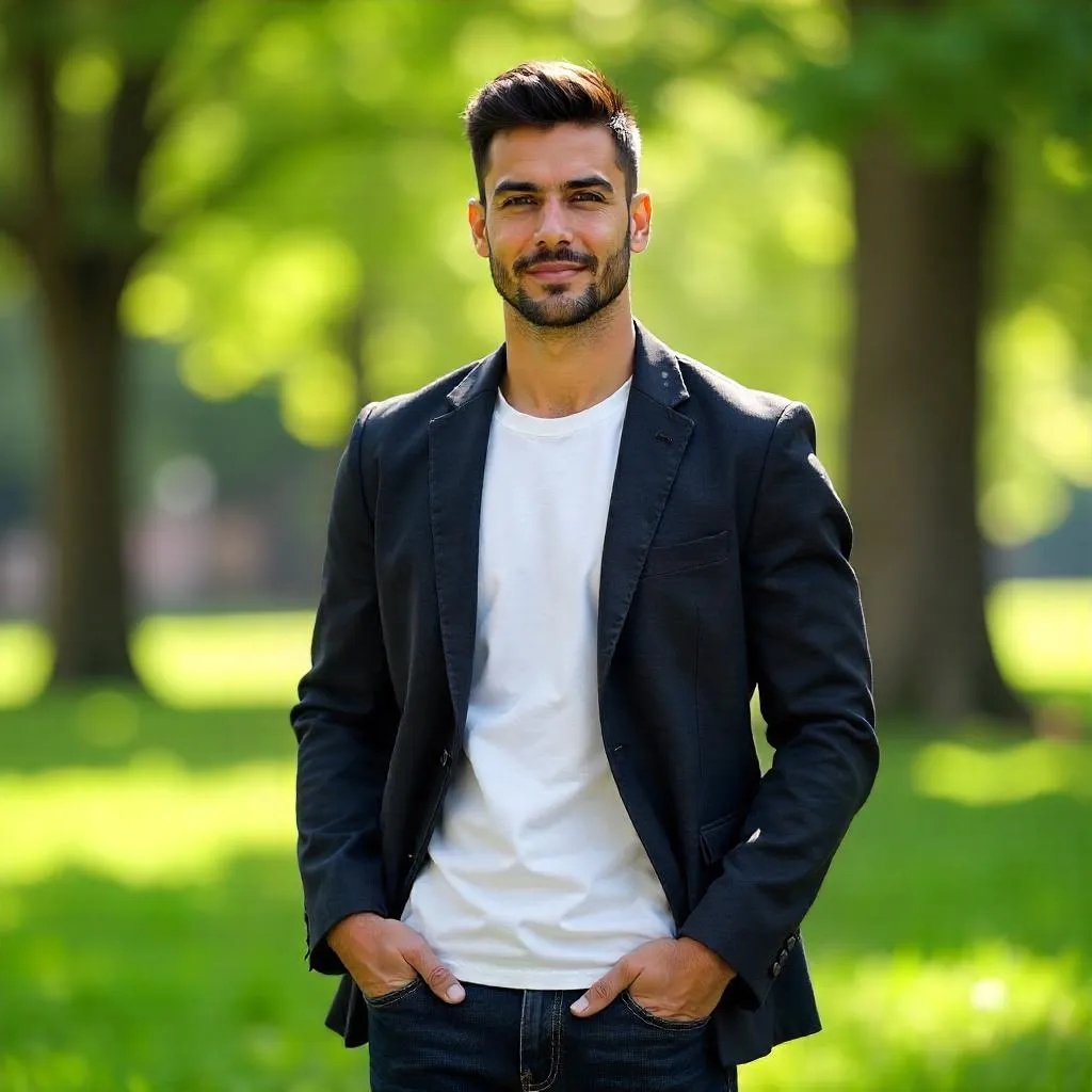 Confident Latino Man in a Park, Photorealistic