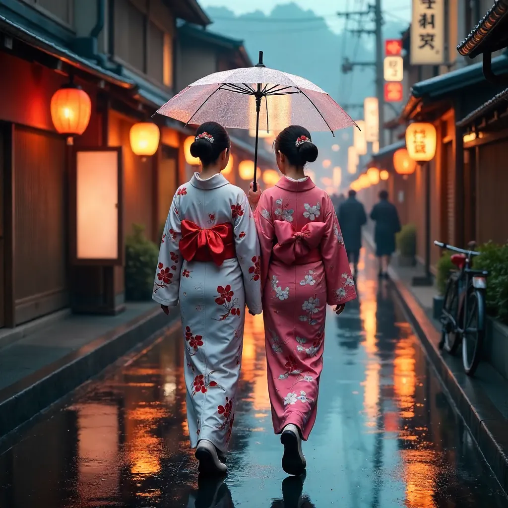 Two Women in Kimonos Under Clear Umbrella in Kyoto Rain